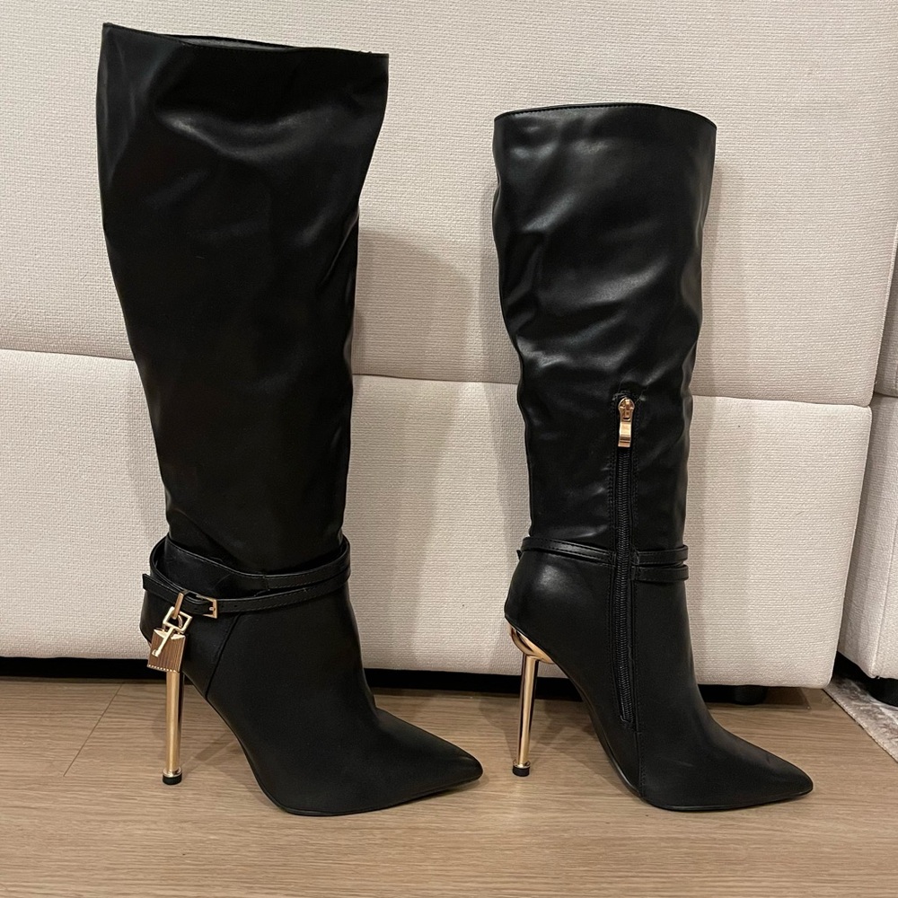 Knee High Leather Black Stiletto Boots with Lock and Key Charm